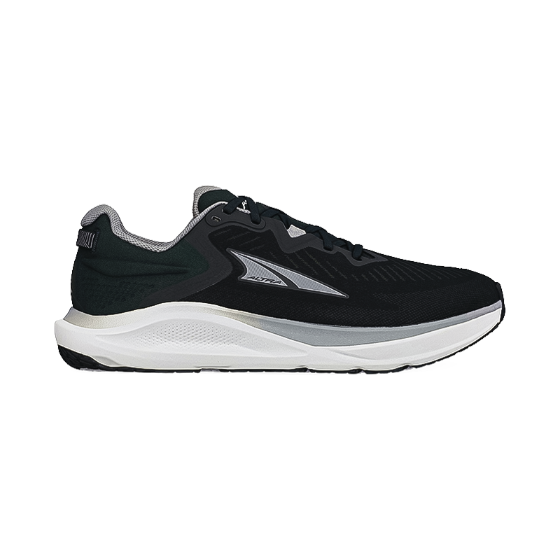 Altra Men's Paradigm 8 running shoe in black and white with zero-drop platform and breathable mesh for comfort.