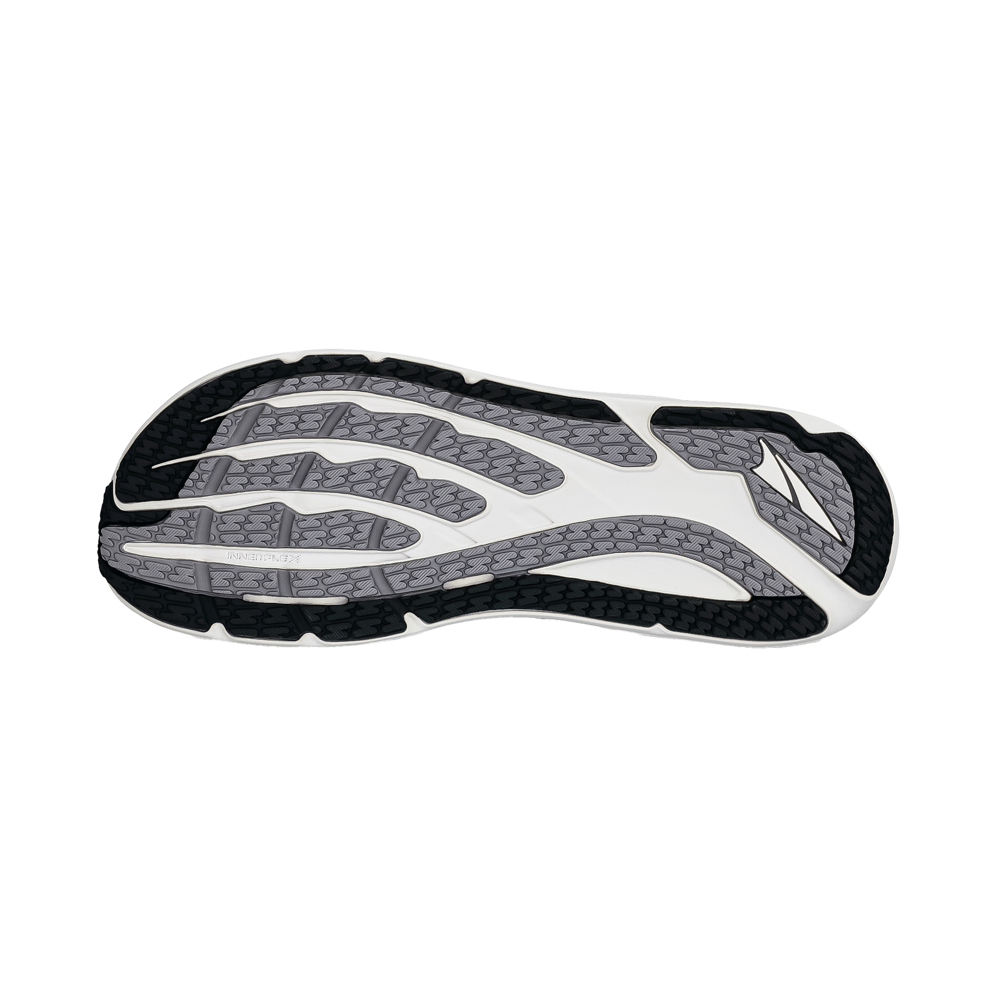Close-up of the Altra Paradigm 8 shoe sole in black and white, highlighting its traction design and stability elements.