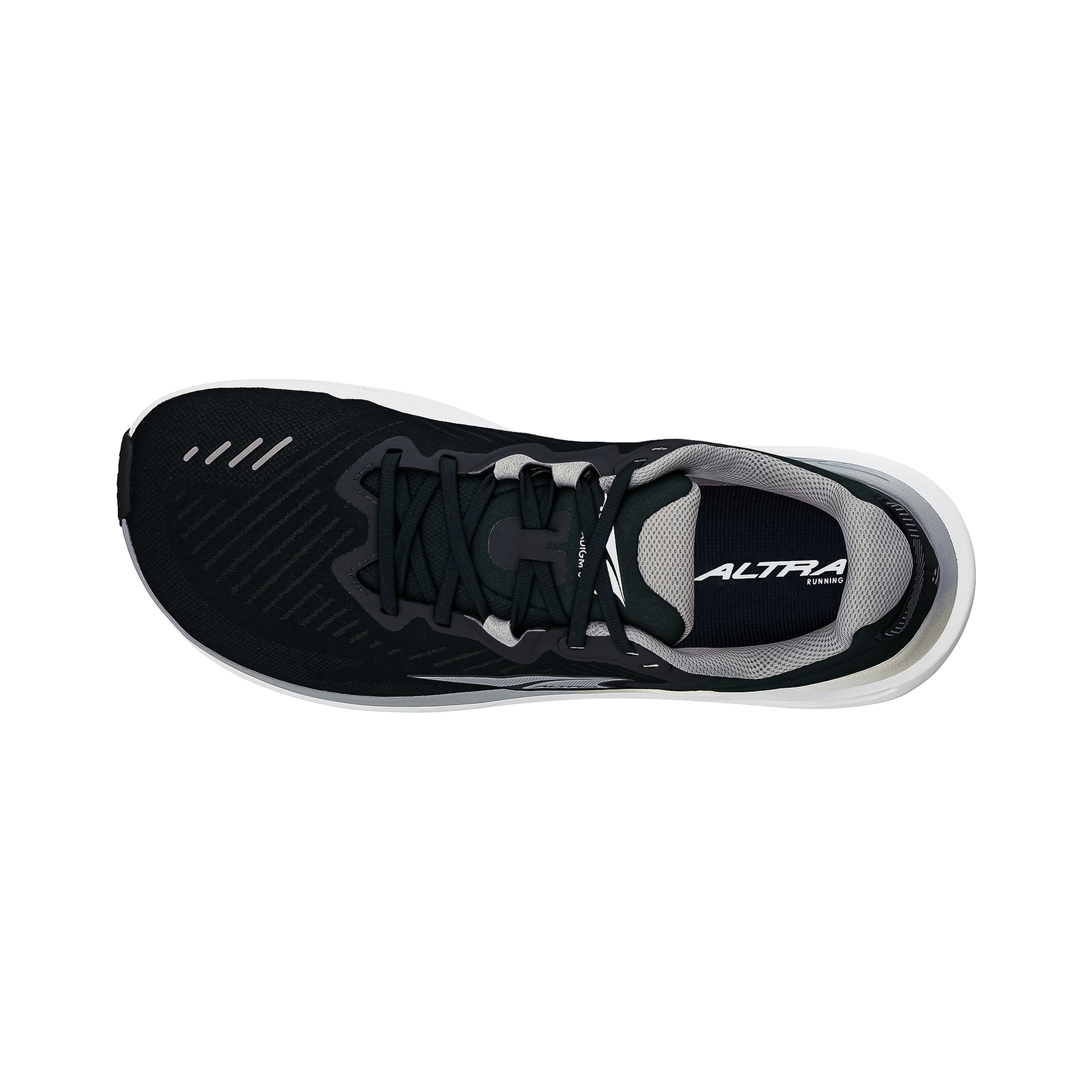 Black and white Altra Paradigm 8 running shoe on a white background, showcasing its sleek design and stability features.