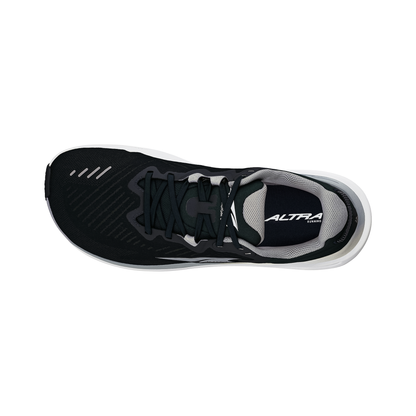 Black and white Altra Paradigm 8 running shoe on a white background, showcasing its sleek design and stability features.
