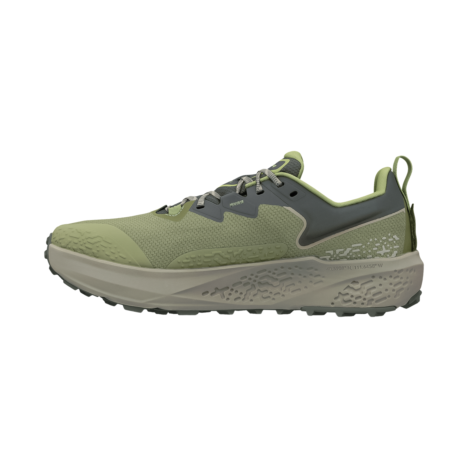 Trail running shoe Altra Timp 6 in green emphasizing its all-day comfort and strong traction for outdoor activities.