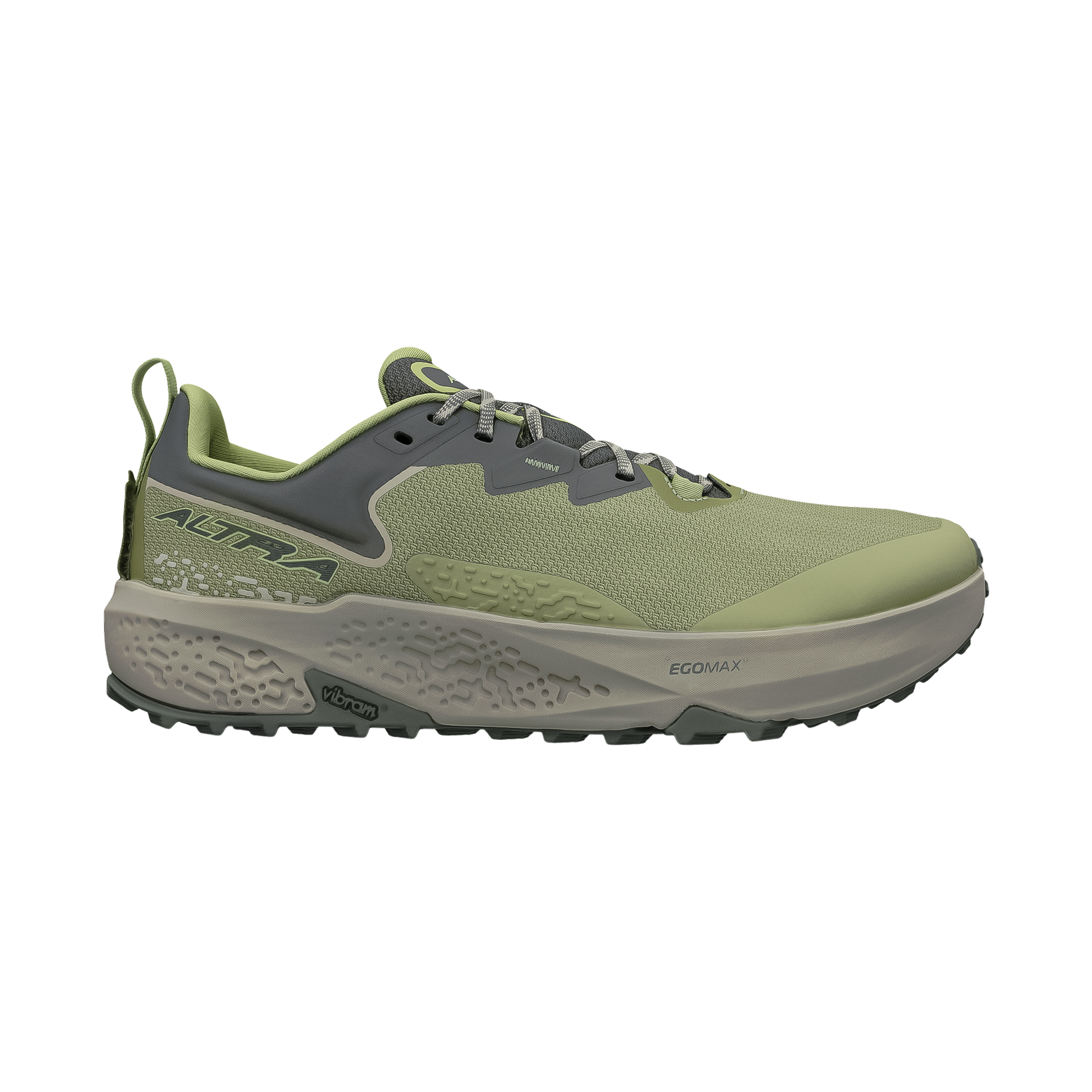 Green Altra Timp 6 trail running shoe showcasing its cushioned design and rugged outsole for optimal grip.