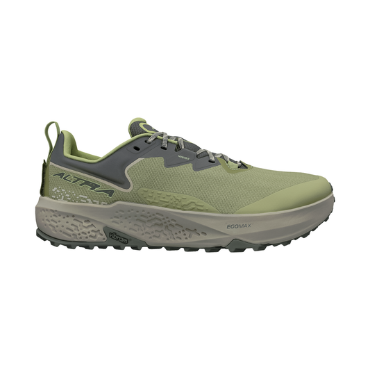 Green Altra Timp 6 trail running shoe showcasing its cushioned design and rugged outsole for optimal grip.