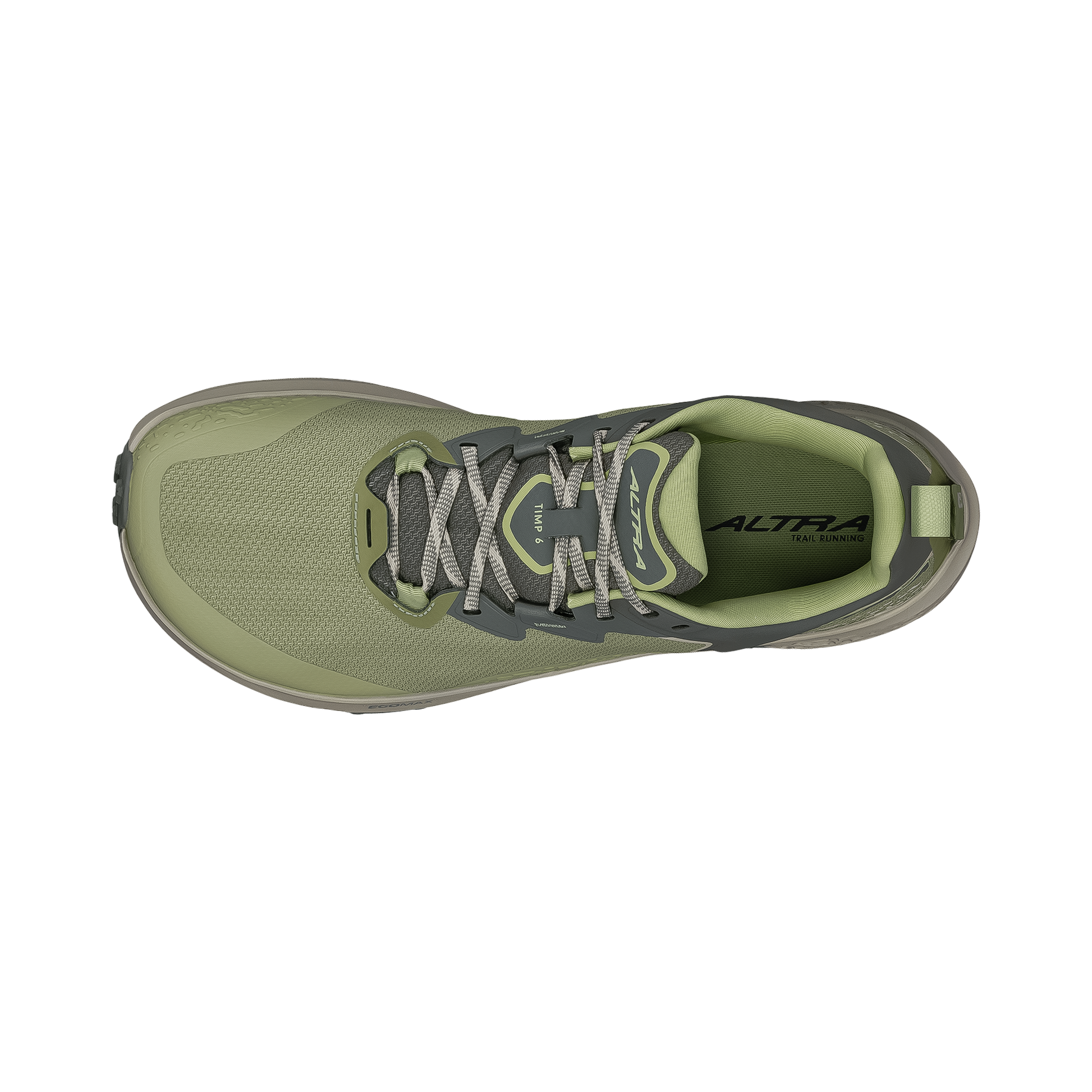 Green Altra Timp 6 shoe designed for trail running, highlighting its zero-drop platform and durable mesh upper.