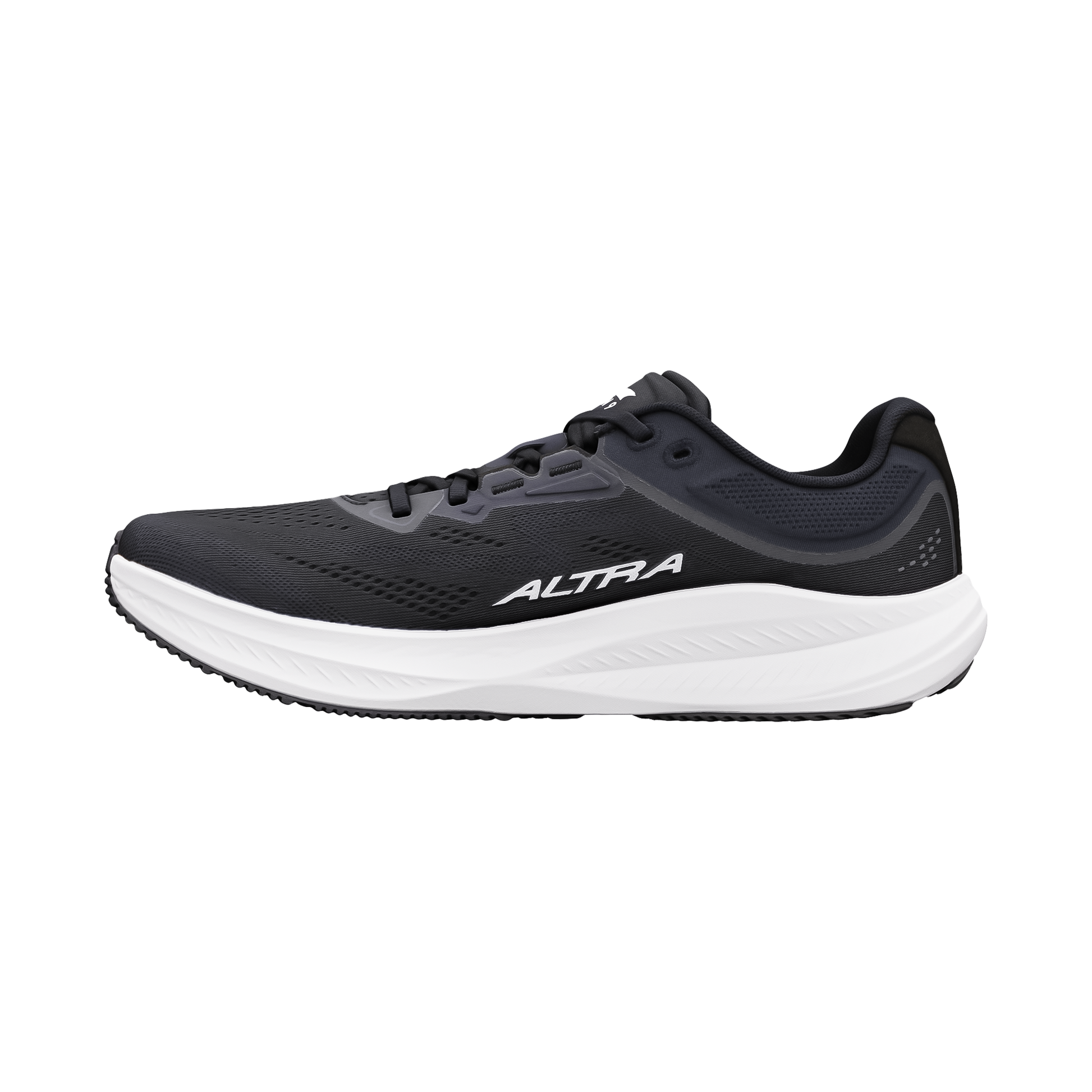 Black and white Altra Men's Torin 9 running shoe, featuring a sleek design for optimal running performance.