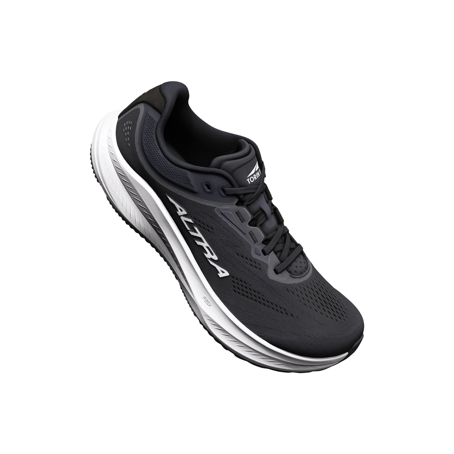 Altra Men's Torin 9 displayed in black and white, emphasizing its zero drop platform and cushioned support for runners.