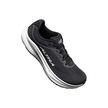 Altra Men's Torin 9 displayed in black and white, emphasizing its zero drop platform and cushioned support for runners.