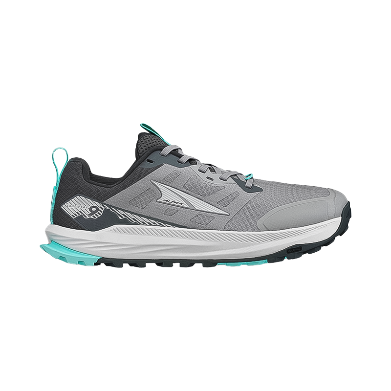 Altra women's gray Lone Peak 9 shoe is designed for trail running with a roomy fit and excellent grip.