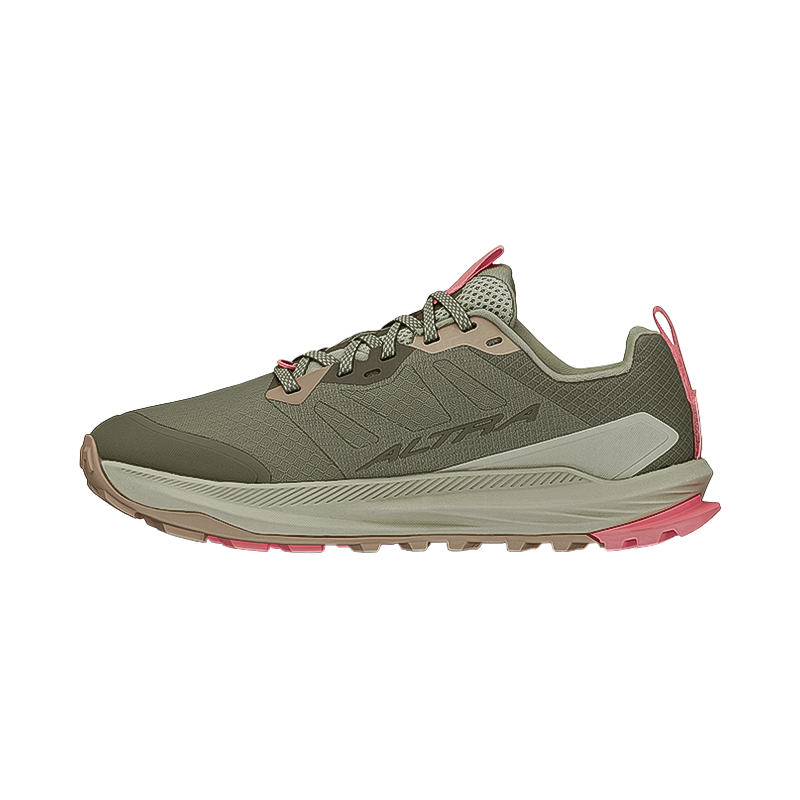 Green women's Altra Lone Peak 9+ trail shoe with zero-drop platform, EGO foam midsole, and recycled mesh upper for comfort.