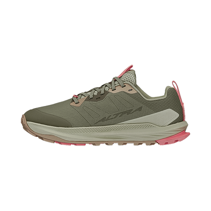 Green women's Altra Lone Peak 9+ trail shoe with zero-drop platform, EGO foam midsole, and recycled mesh upper for comfort.