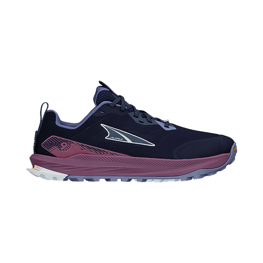 Dark Blue Altra Lone Peak 9+ women's trail running shoe, featuring a Vibram Megagrip outsole for superior traction on diverse terrains.