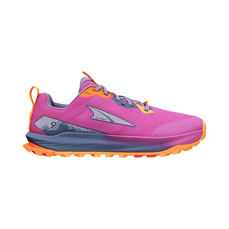 Pink Altra women's Lone Peak 9+ trail running shoe, featuring a Vibram Megagrip outsole for superior traction and comfort.