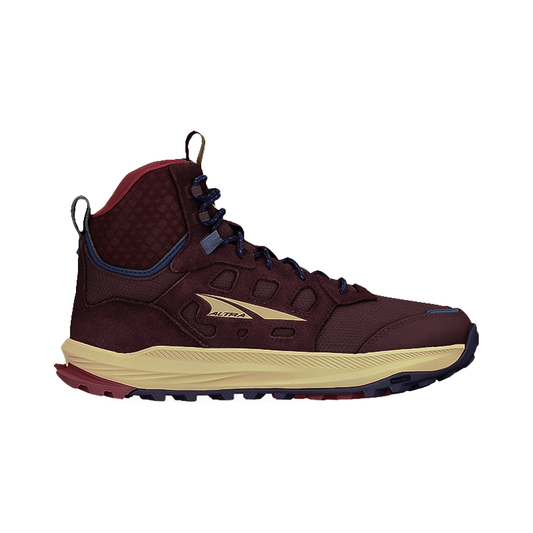 Maroon Altra Lone Peak Hiker 3 mid-top shoe for comfort and traction on trails.