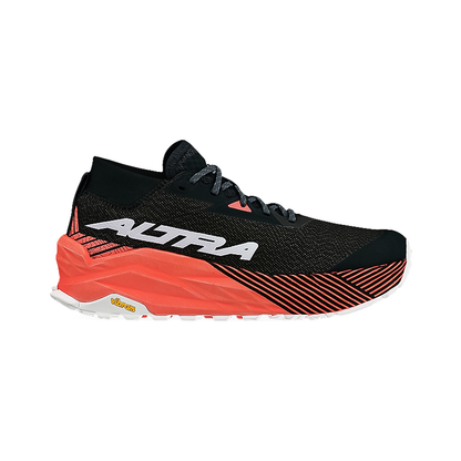 Black and orange Altra Olympus 275 women's trail running shoe for rugged terrain.