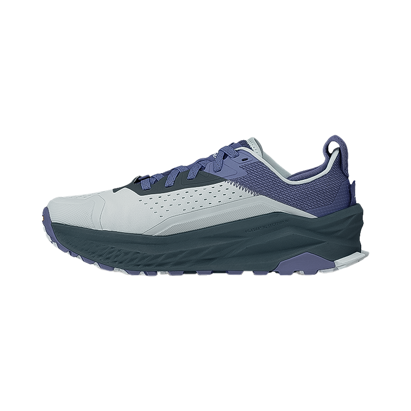 Altra women's Olympus 6 running shoe in gray and blue, showcasing its durable design and suitability for various trail conditions.