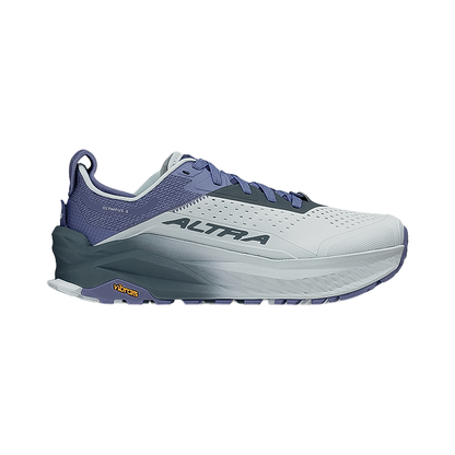 Gray and blue Altra women's Olympus 6 shoes, designed for comfort and traction on rugged terrains and muddy trails.