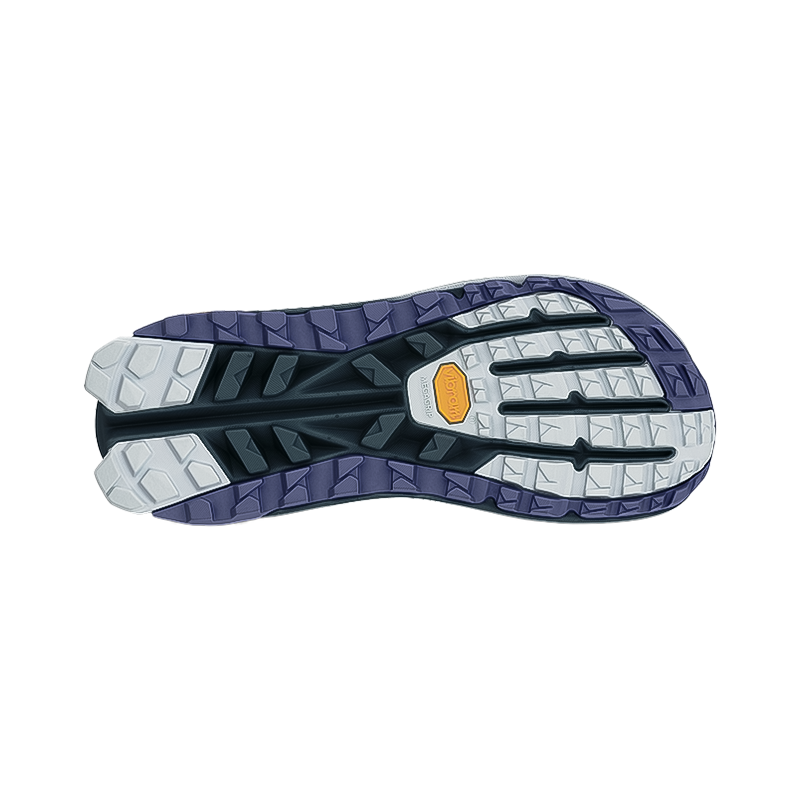Altra women's Olympus 6 trail shoes in gray and blue, featuring breathable mesh and Vibram outsole for superior grip on any trail.