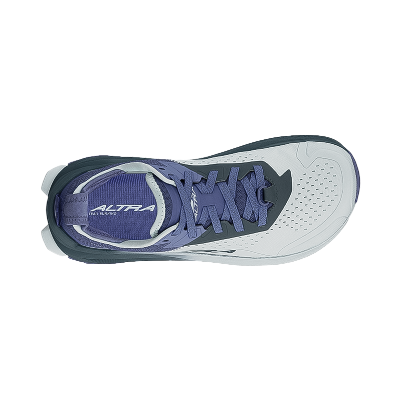 Altra Olympus 6 women's running shoe in gray and blue, ideal for trail running with a breathable upper and excellent traction features.
