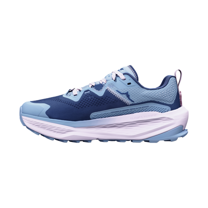 Blue and pink Altra Olympus 7 shoe highlighting its max-cushion midsole and rugged outsole for technical terrain.