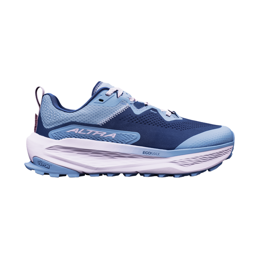 Altra Olympus 7 trail running shoe in blue and pink showcasing its max-cushion design and durable upper for comfort.