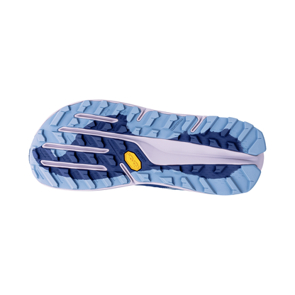 Blue and pink Altra Olympus 7 trail running shoe, featuring a lightweight midsole and Vibram outsole for traction.