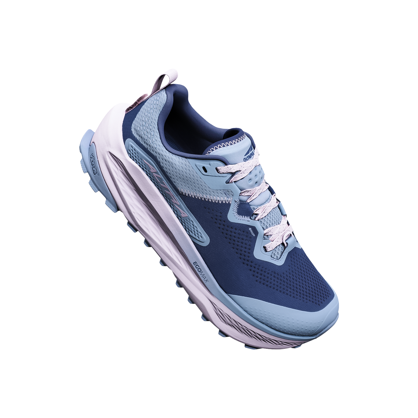 Altra Olympus 7 trail shoe in blue and pink emphasizing its comfort features and reliable grip for long-distance running.