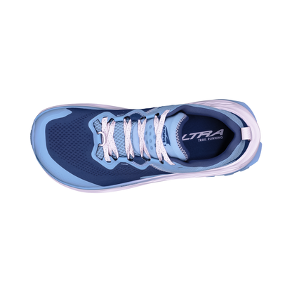 Altra Olympus 7 in blue and pink designed for trail running with a breathable upper and plush cushioning for comfort.