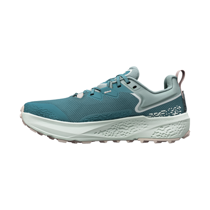 Altra Timp 6 shoes in blue, seafoam, and pink, designed for trail running with a cushioned midsole and strong traction.
