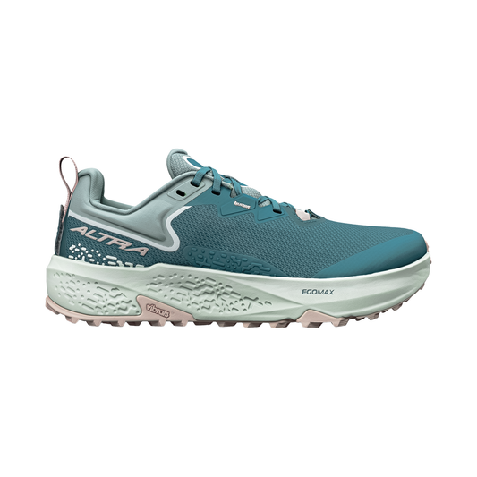 Altra Timp 6 trail running shoes in blue, mint green, and pink, showcasing a cushioned design for comfort and grip on trails.