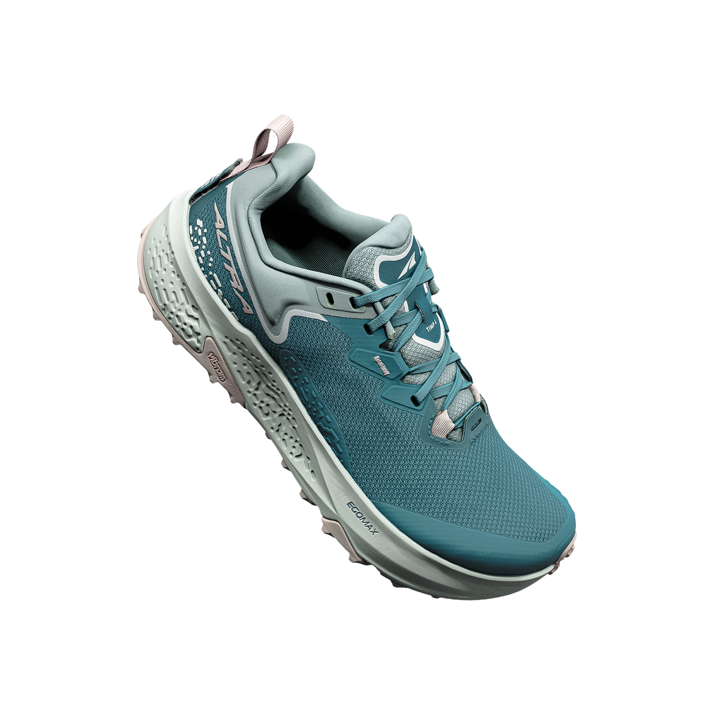 Blue, mint green, and pink Altra Timp 6 trail running shoes, featuring a zero-drop platform and durable construction for outdoor activities.