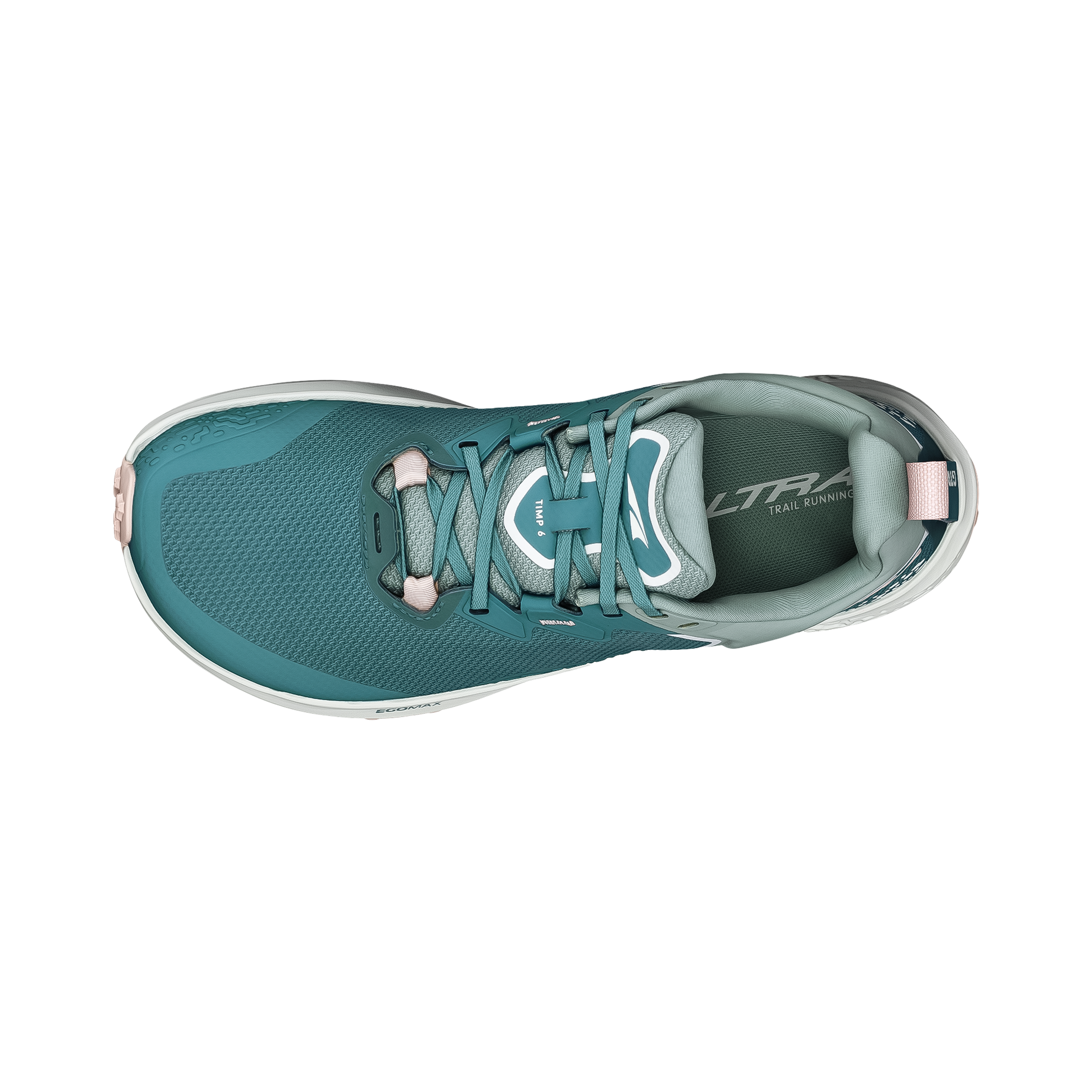 Altra Timp 6 in blue, mint green, and pink, ideal for hiking and running, featuring a soft mesh upper and GaiterTrap system.