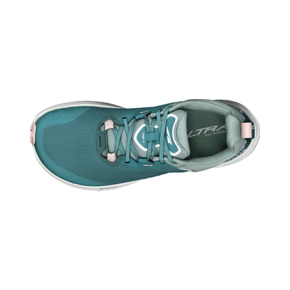 Altra Timp 6 in blue, mint green, and pink, ideal for hiking and running, featuring a soft mesh upper and GaiterTrap system.
