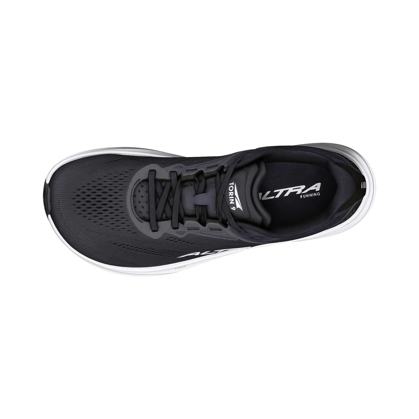 Black and white image of Altra Women's Torin 9 running shoes, showcasing their sleek design and breathable mesh upper.