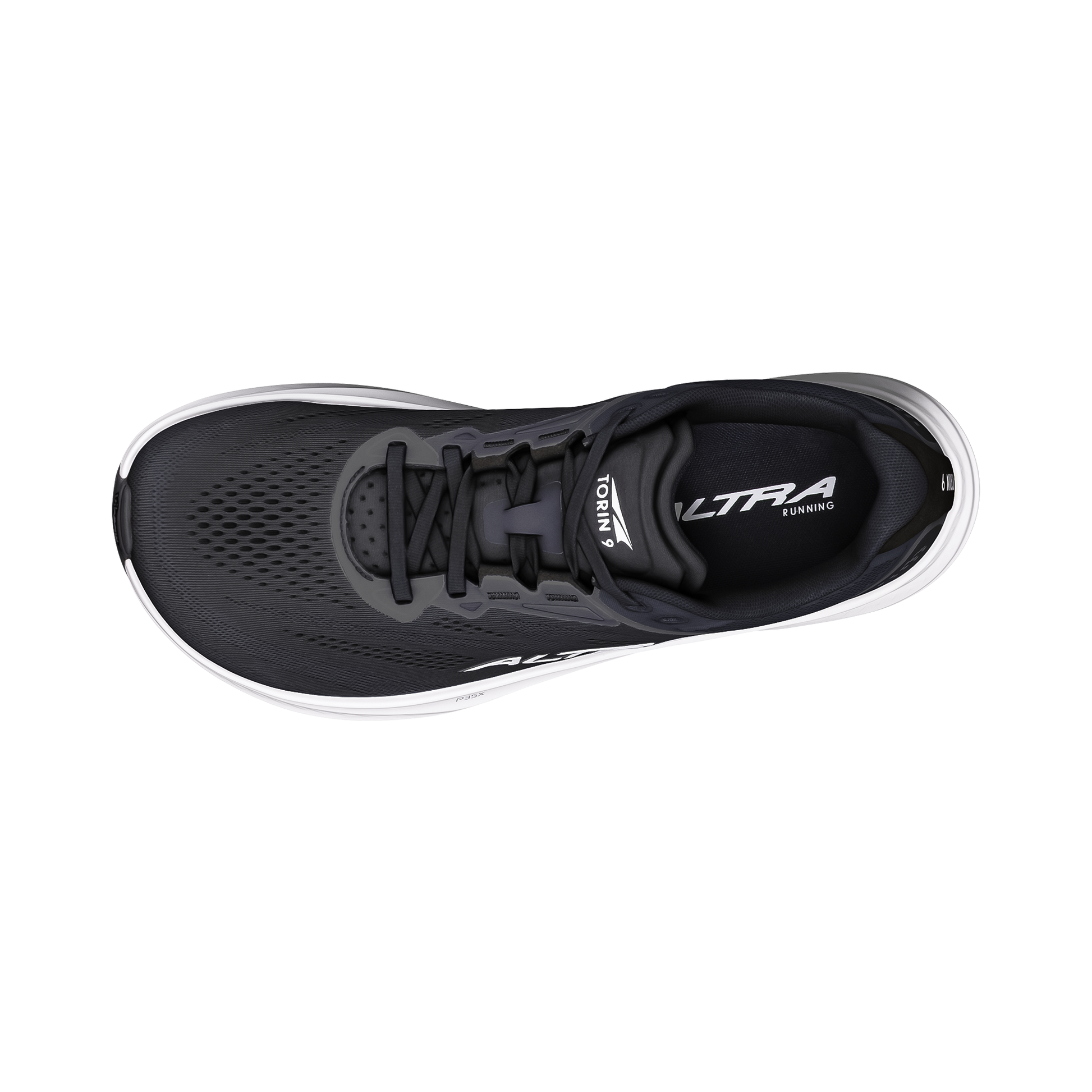 Black and white image of Altra Women's Torin 9 running shoes, showcasing their sleek design and breathable mesh upper.