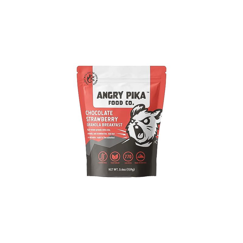 Angry Pika chocolate strawberry granola, a high-calorie, no-cook meal for backpacking, featuring real ingredients for energy on the trail.