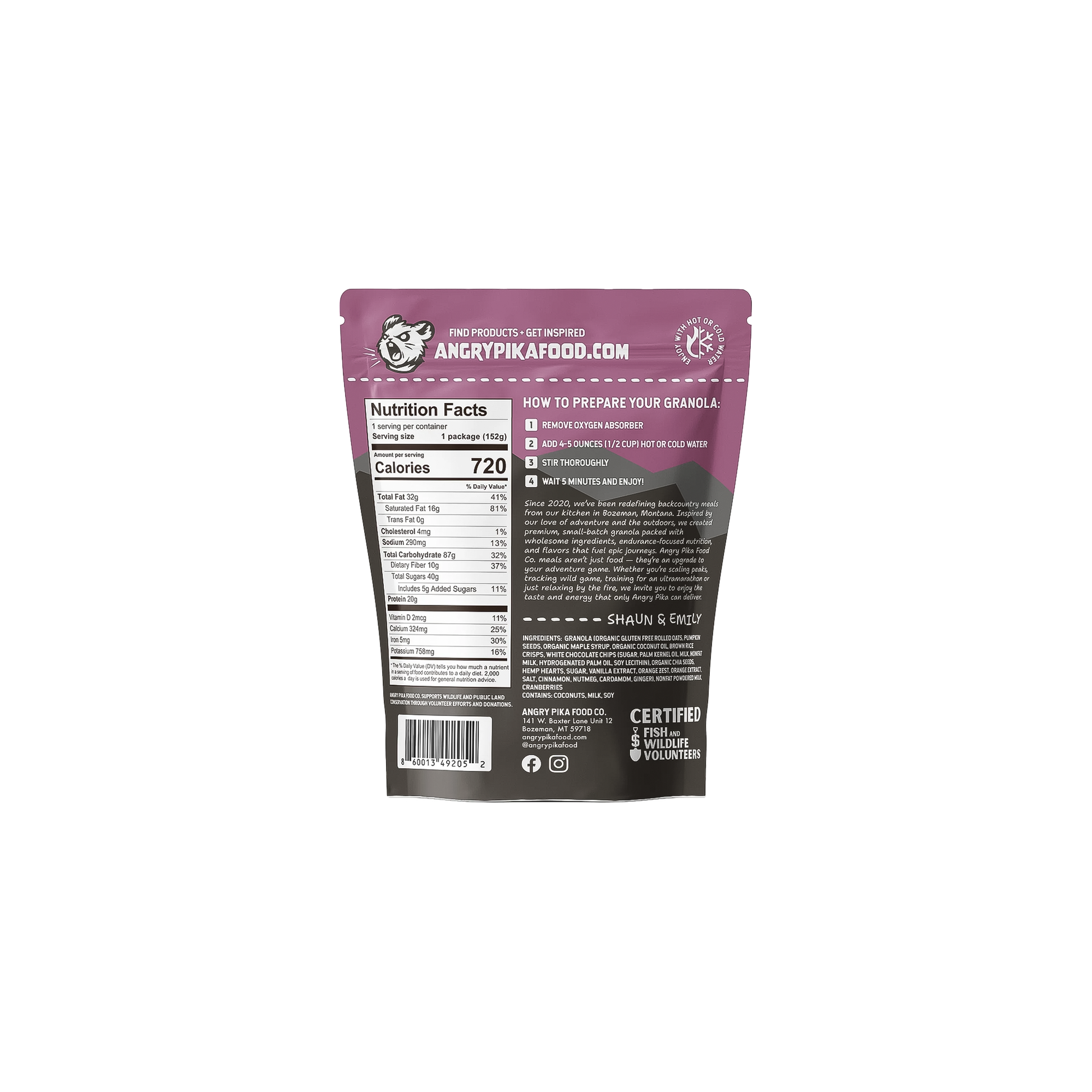 A pouch granola in cranberry white chocolate, a high-energy snack ideal for backpacking and outdoor adventures.