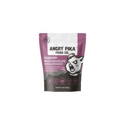 A pouch of Angry Pika granola in cranberry and white chocolate flavor for high-energy adventures.