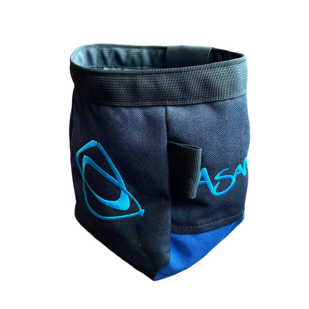 A blue chalk bag from Asana.