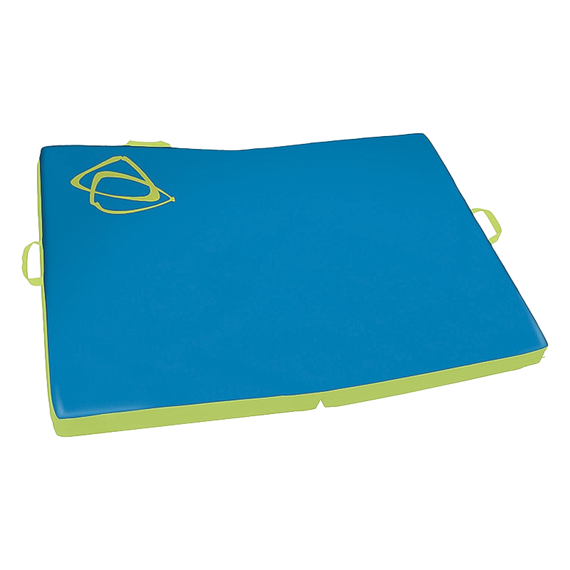 Blue and green yoga mat featuring a logo, designed for comfort and stability during yoga practice.