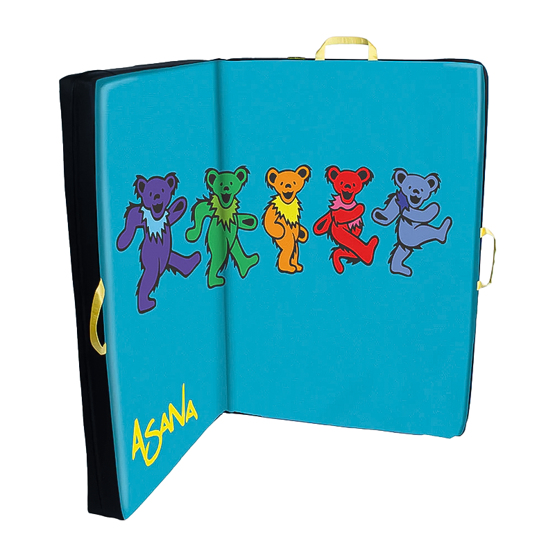 A blue crash pad featuring cartoon bears, designed for fun and adventure, perfect for travel or outdoor activities.
