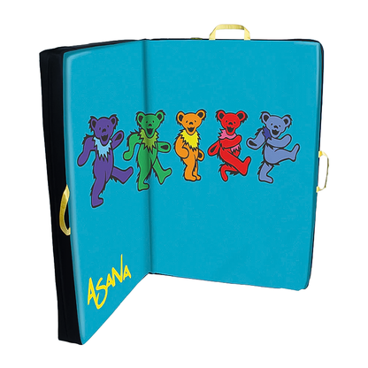 A blue crash pad featuring cartoon bears, designed for fun and adventure, perfect for travel or outdoor activities.