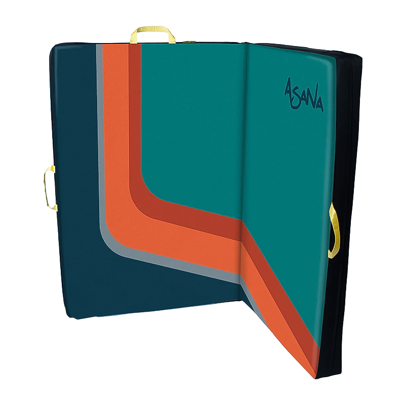 Open superhero crash pad with a blue, orange, and green cover, on a white background, showcasing its colorful design.