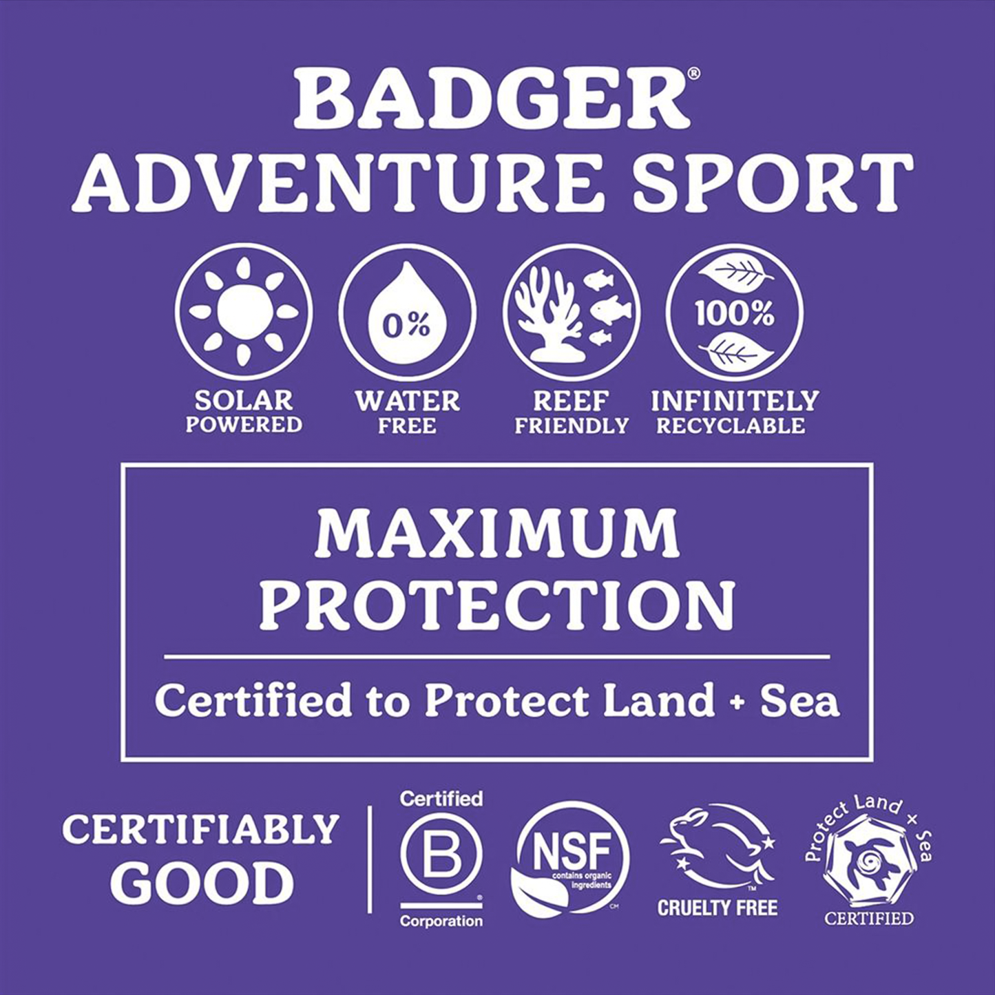 List of Badger Adventure SPF 50 Mineral Sunscreen simple ingredients, water-resistant formula, and certifications for outdoor fun.