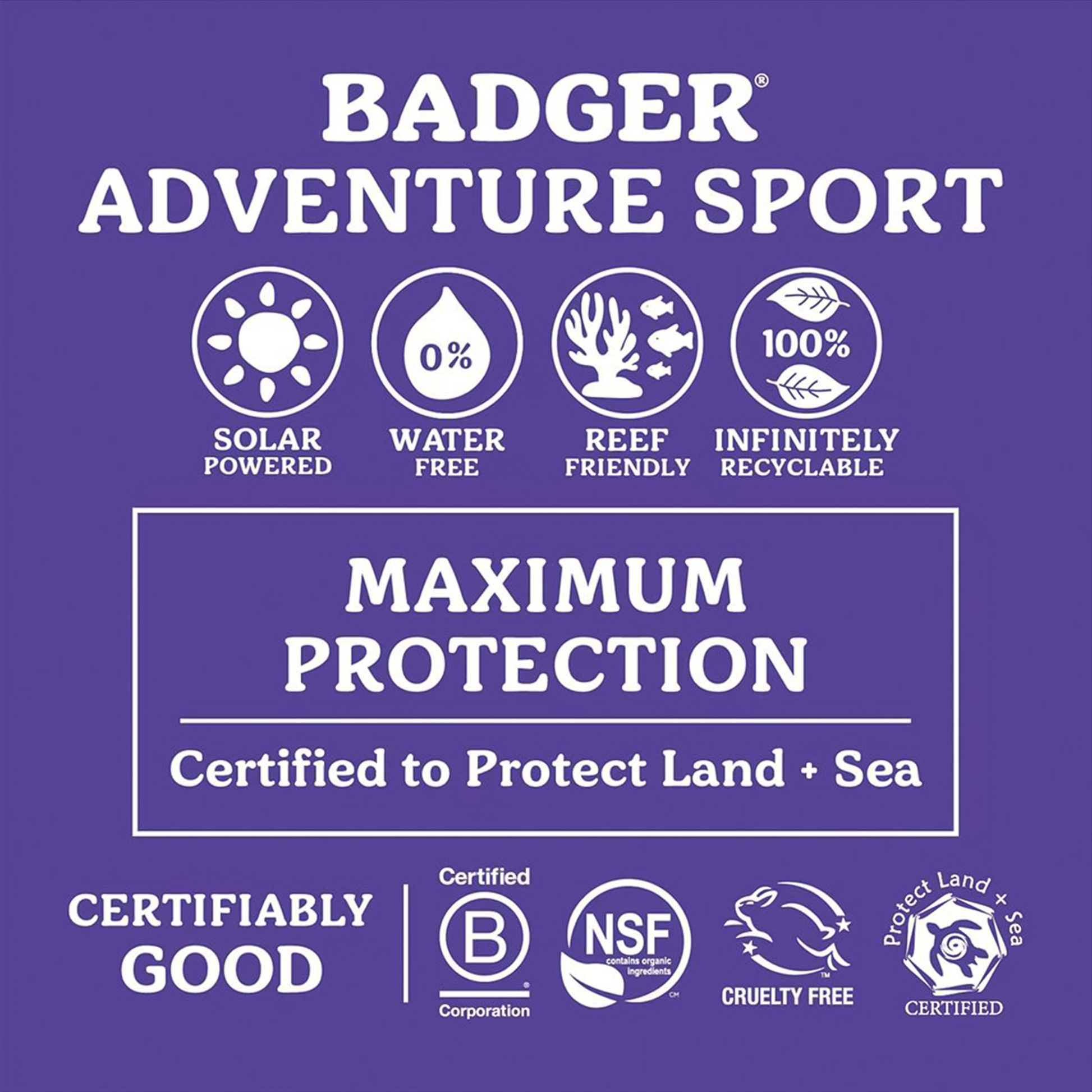 List of Badger Adventure SPF 50 Mineral Sunscreen simple ingredients, water-resistant formula, and certifications for outdoor fun.