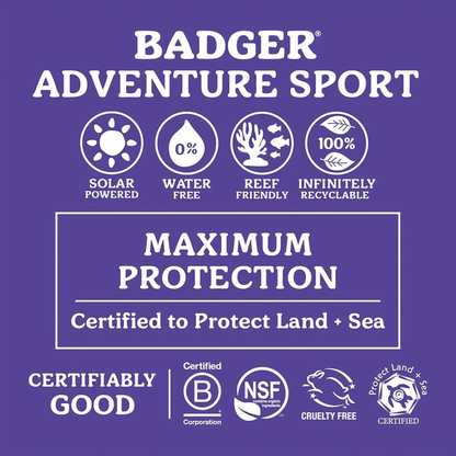 List of Badger Adventure SPF 50 Mineral Sunscreen simple ingredients, water-resistant formula, and certifications for outdoor fun.