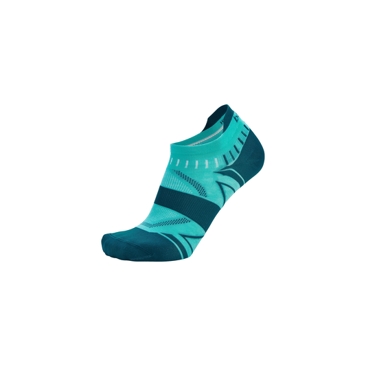 Teal and green Balega Hidden Dry Re-Engineered No Show Socks on a white background, highlighting their moisture-wicking and seamless features.
