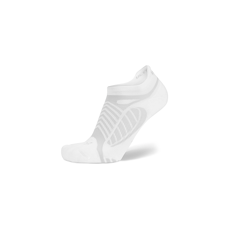 White and Grey Balega ultralight socks on a white background, featuring a seamless design and moisture-wicking technology.
