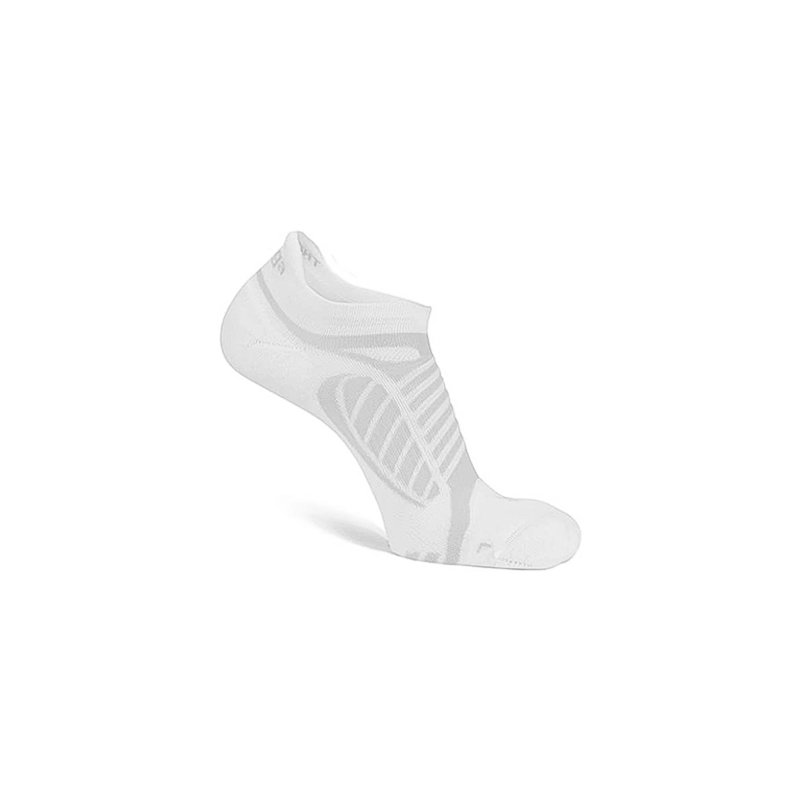 White and grey Balega ultralight socks on a white background, highlighting their seamless design and reinforced toe cap.