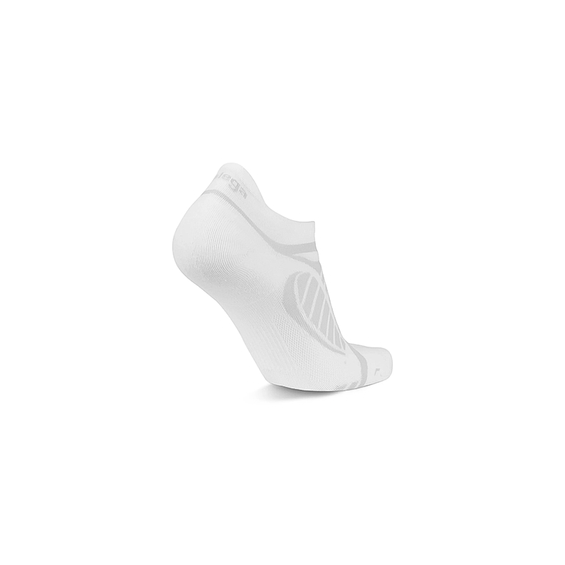 White and grey Balega ultralight socks on a white background, featuring a seamless design.