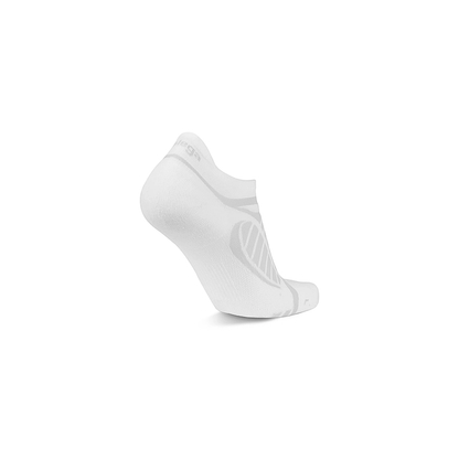 White and grey Balega ultralight socks on a white background, featuring a seamless design.